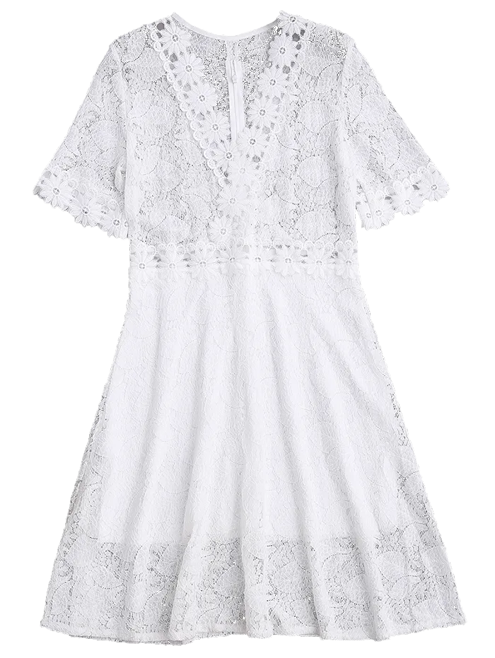 White Sheer Plunge Neck Lace Dress