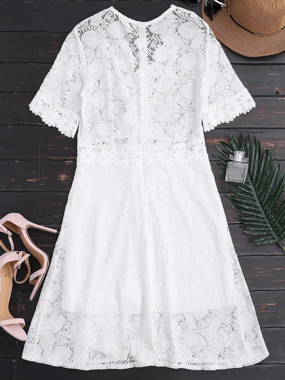 White Sheer Plunge Neck Lace Dress