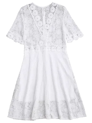 White Sheer Plunge Neck Lace Dress