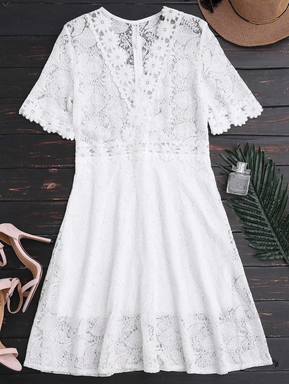 White Sheer Plunge Neck Lace Dress
