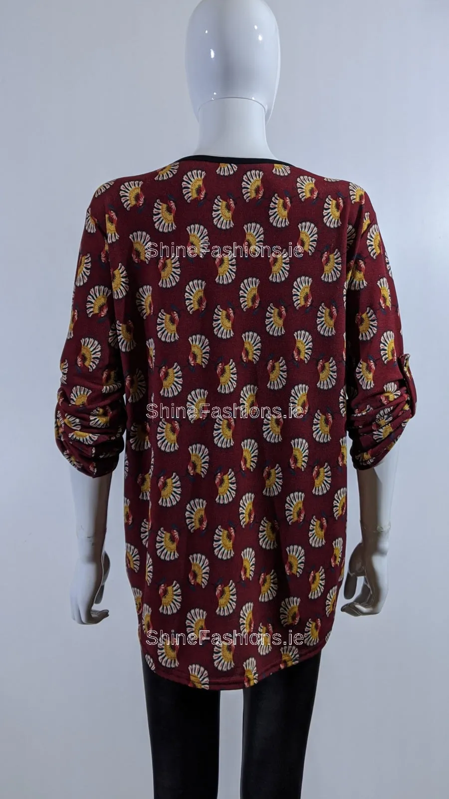 Wine Floral Pattern Zip Detail Top
