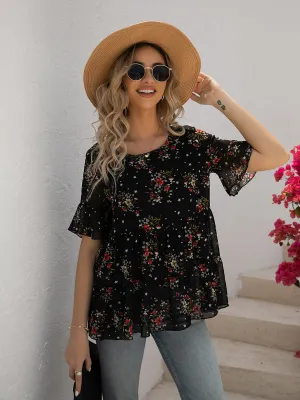 Women’s Blouses Plus Size Round Neck Floral Printed Pattern Chiffon Blouse