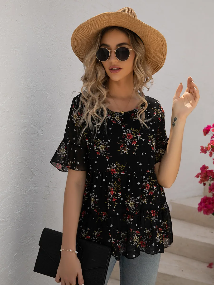 Women’s Blouses Plus Size Round Neck Floral Printed Pattern Chiffon Blouse