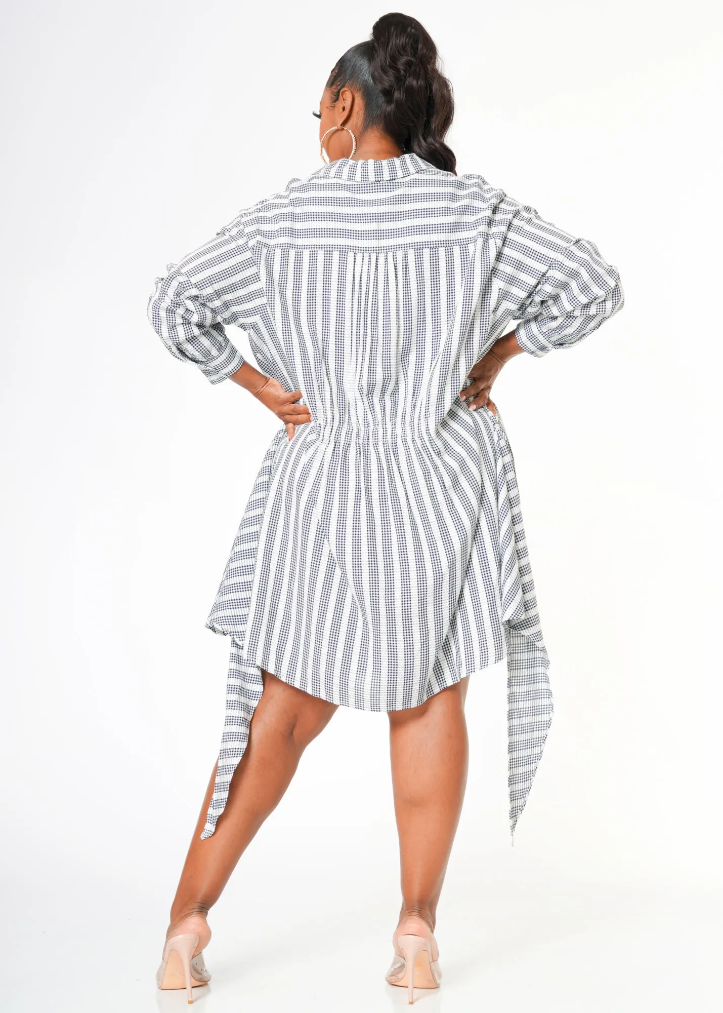 Women's Plus Size Lace Trim Wrapped Shirt Dress in Ditsy Gingham