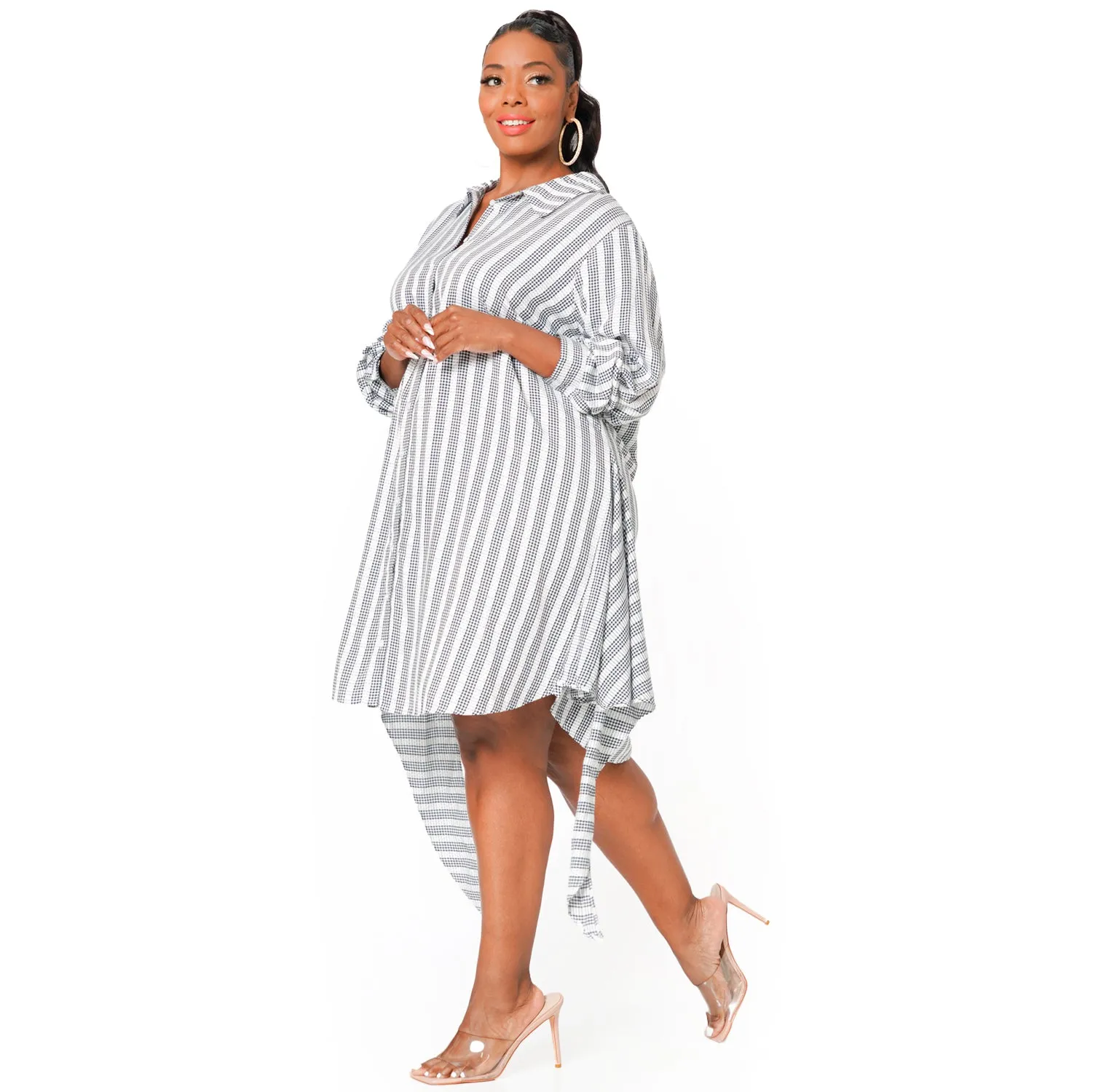 Women's Plus Size Lace Trim Wrapped Shirt Dress in Ditsy Gingham