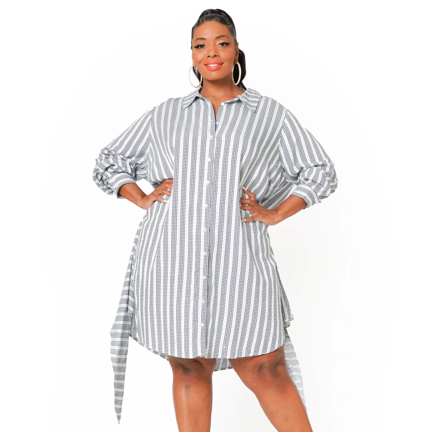 Women's Plus Size Lace Trim Wrapped Shirt Dress in Ditsy Gingham