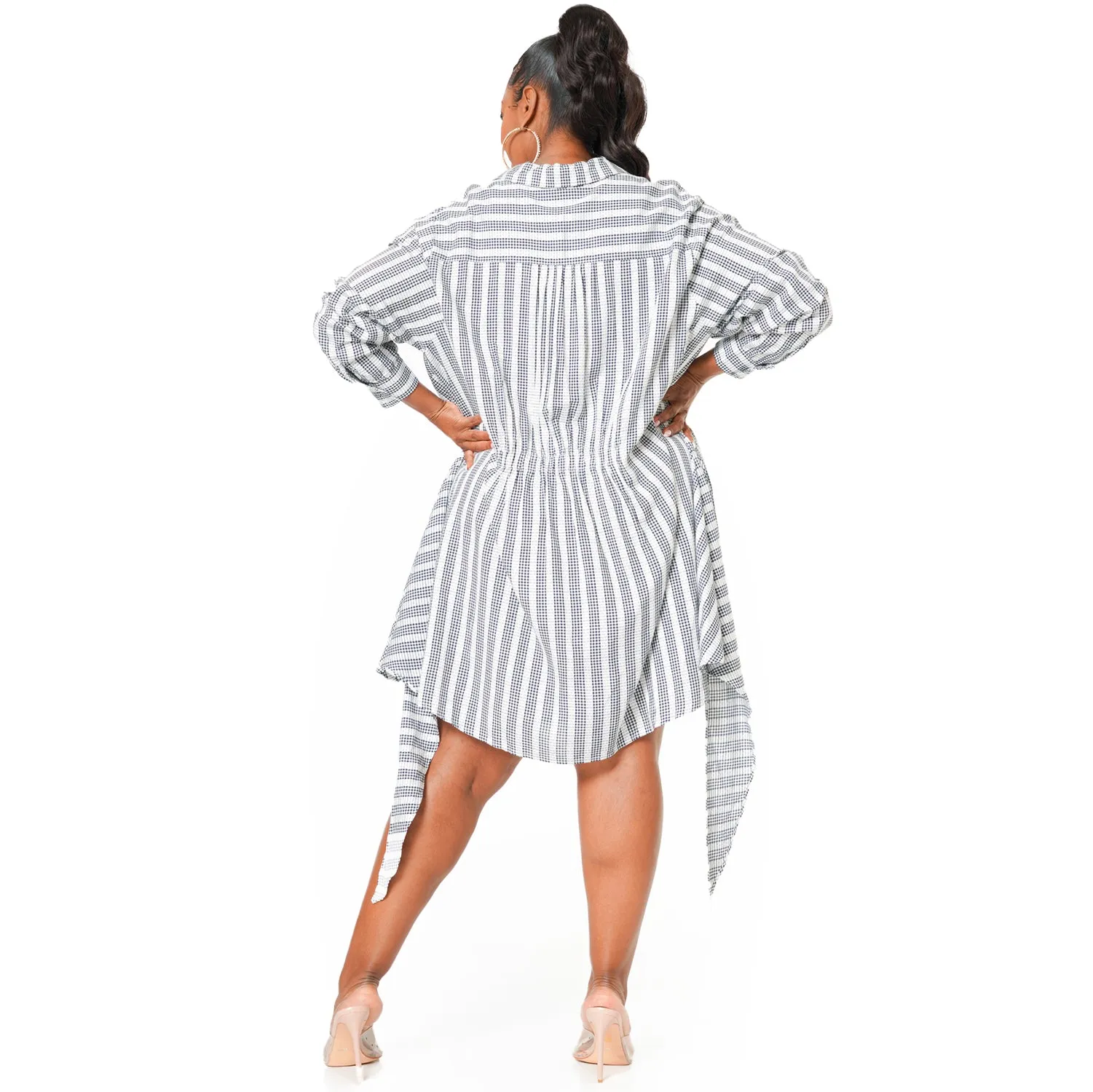 Women's Plus Size Lace Trim Wrapped Shirt Dress in Ditsy Gingham