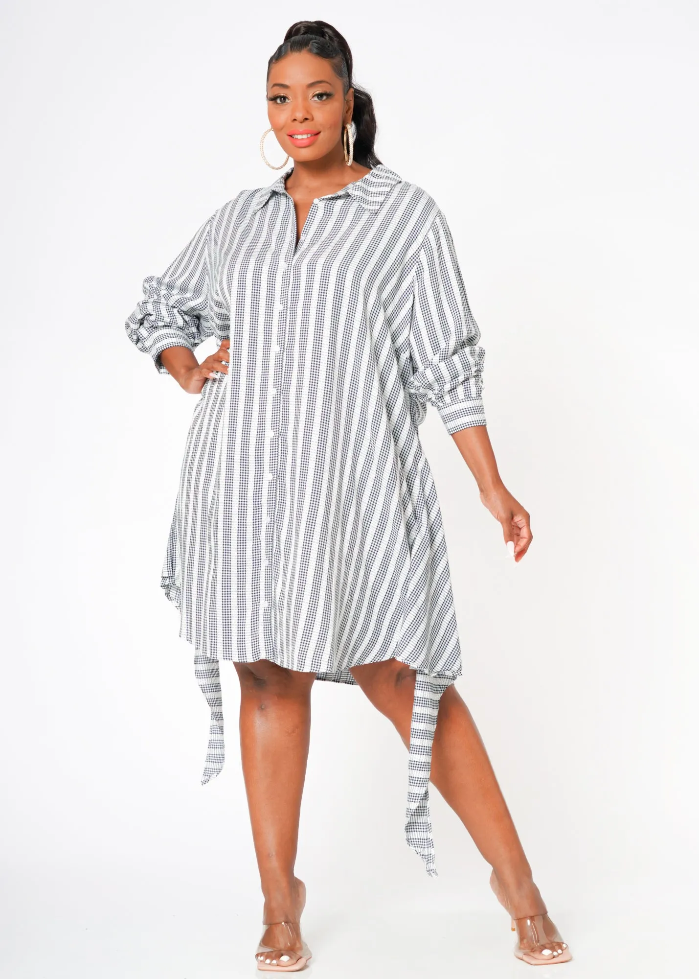 Women's Plus Size Lace Trim Wrapped Shirt Dress in Ditsy Gingham
