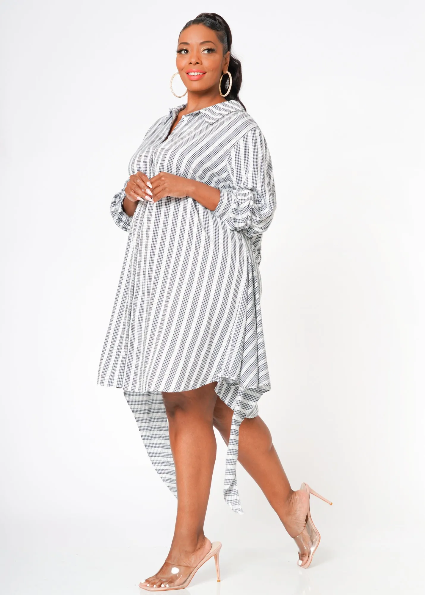Women's Plus Size Lace Trim Wrapped Shirt Dress in Ditsy Gingham
