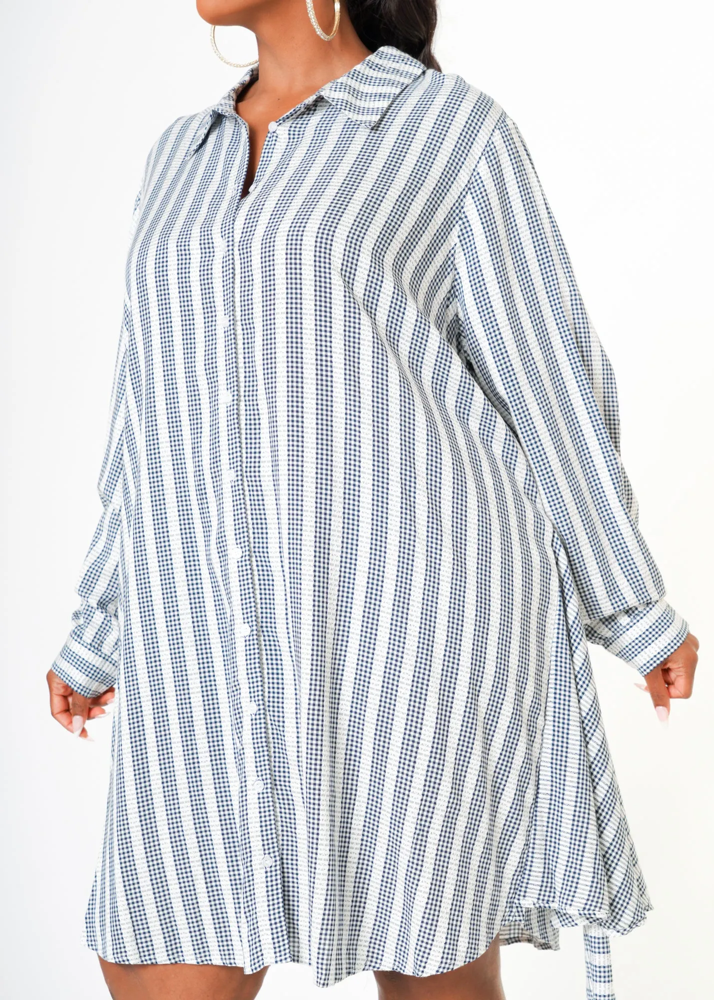 Women's Plus Size Lace Trim Wrapped Shirt Dress in Ditsy Gingham