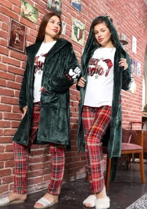 Women's winter pajamas, 3 pieces, T-shirt   pants   short robe