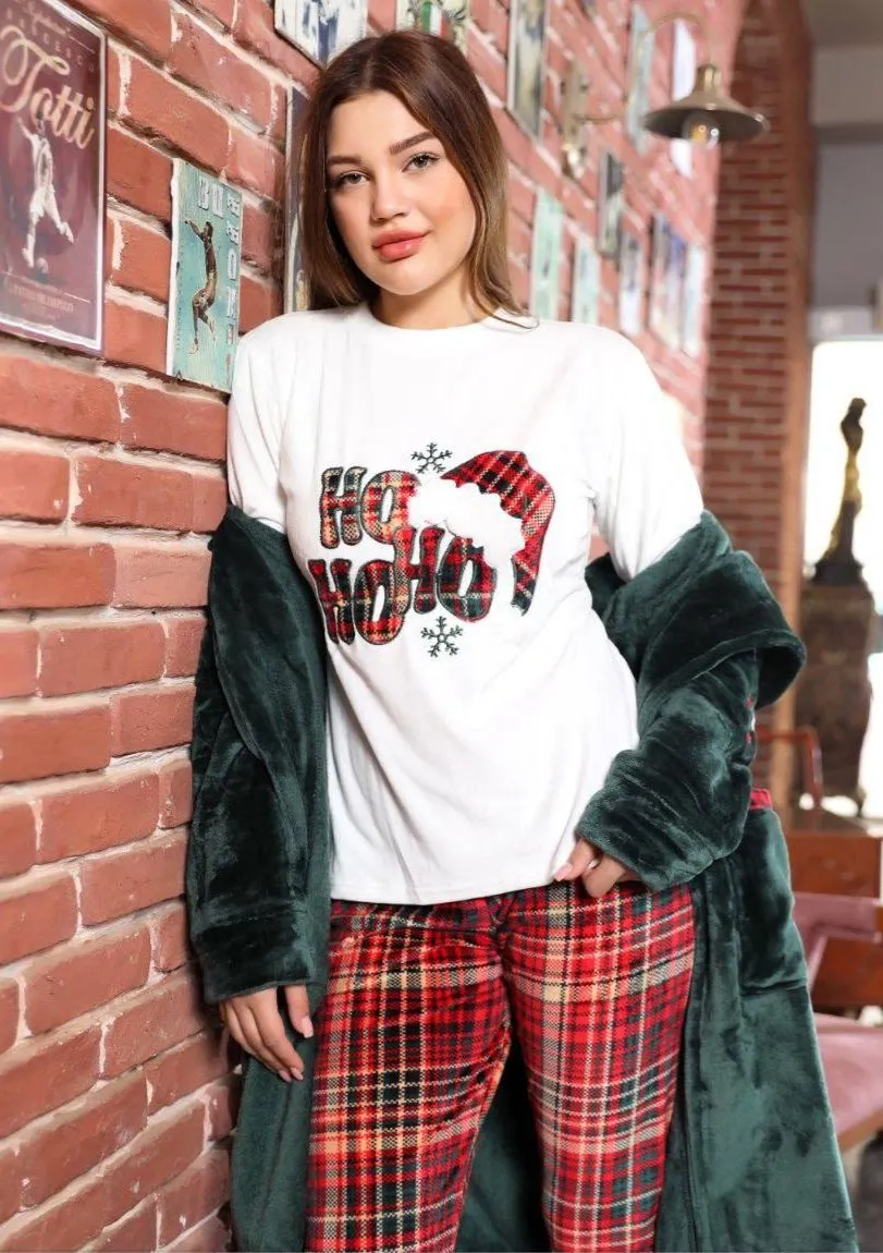 Women's winter pajamas, 3 pieces, T-shirt   pants   short robe