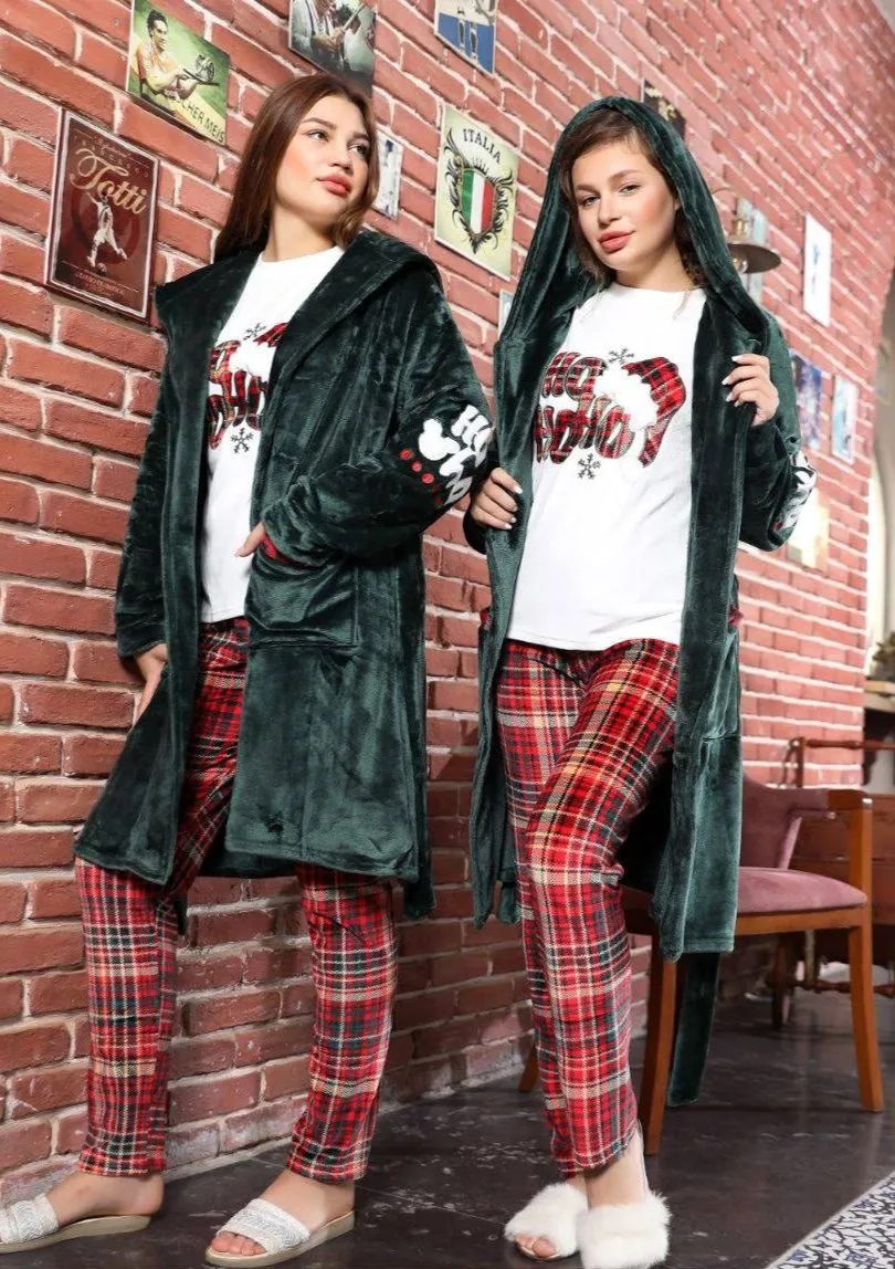 Women's winter pajamas, 3 pieces, T-shirt   pants   short robe