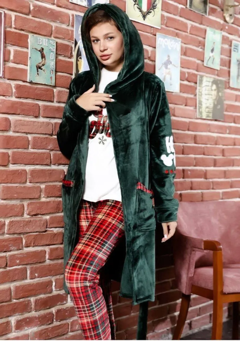 Women's winter pajamas, 3 pieces, T-shirt   pants   short robe