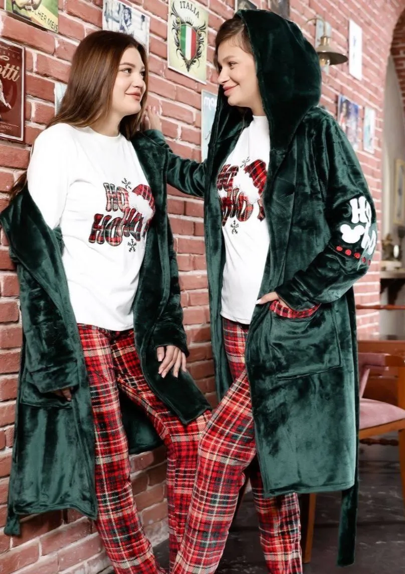 Women's winter pajamas, 3 pieces, T-shirt   pants   short robe